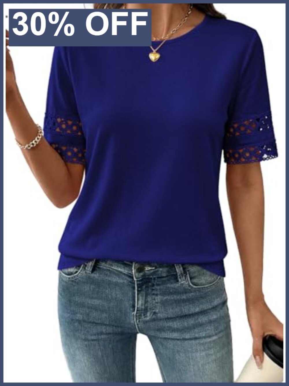 Womens Crewneck Hollow Out Short Sleeve Lace Blouse Top